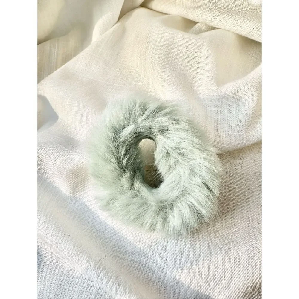 Light eucalyptus green faux fur hair tie scrunchie
